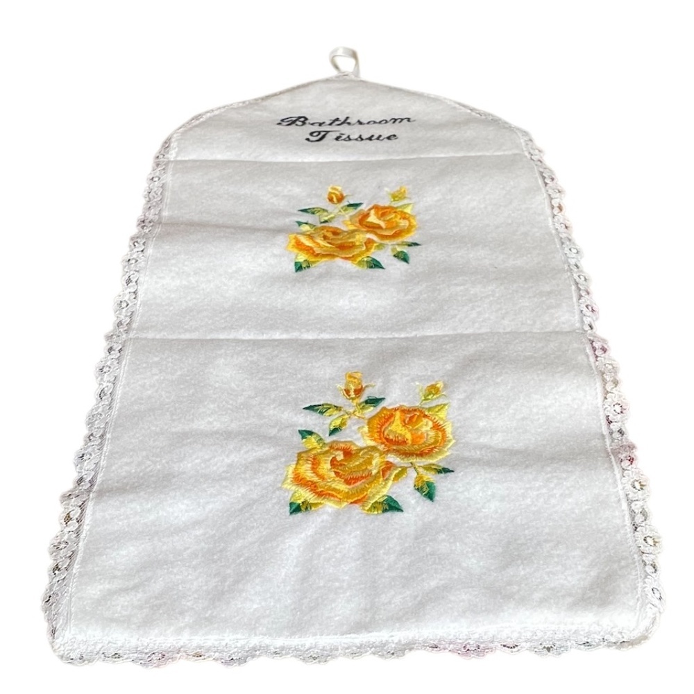 Hand Embroidered Two Compartments Yellow Flower Toilet Tissue Roll Holder, NEW